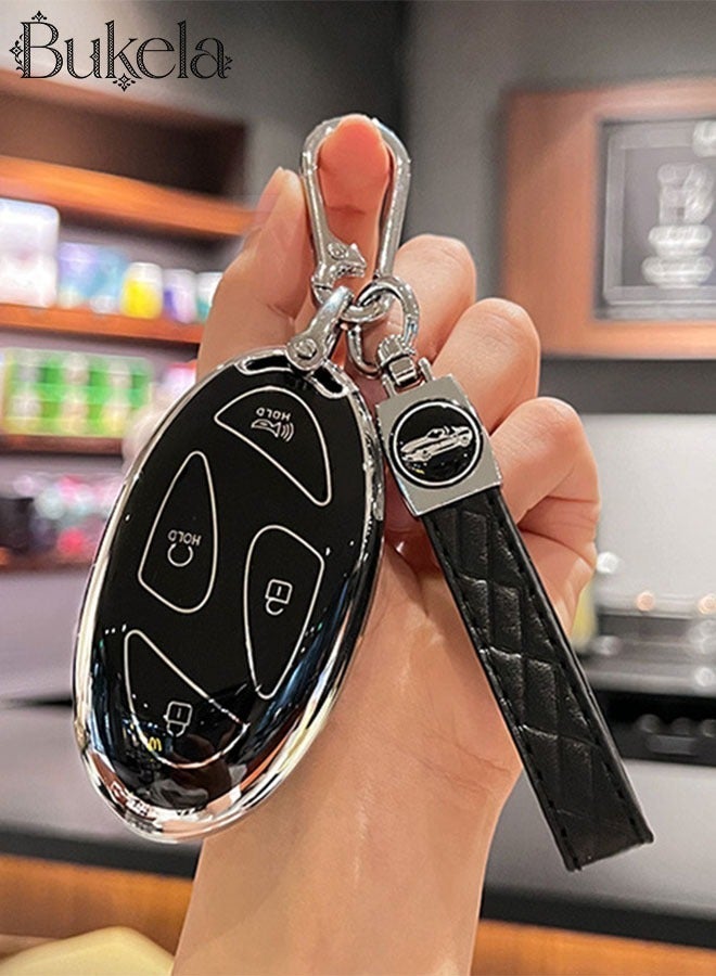 Bukela For Hyundai Key Fob Cover,Soft TPU 360 Degree Car Key Case Protector with Leather Keychain Compatible with Hyundai Grandeur GN7 KONA 2023 2024 Smart 5 Buttons Smart Key(Black) - Image 1